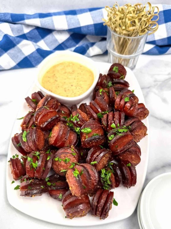 Bacon-Wrapped Kielbasa with Mustard Dip