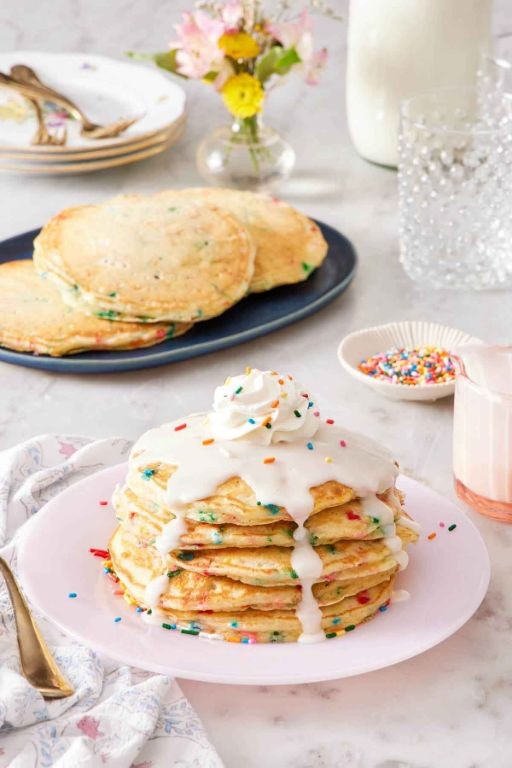 Funfetti Cake Mix Pancakes with Vanilla Glaze