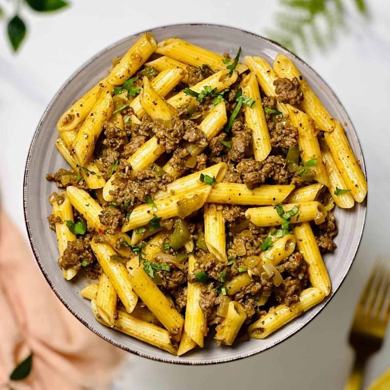 Ground Beef Pasta with Pesto Cream Sauce