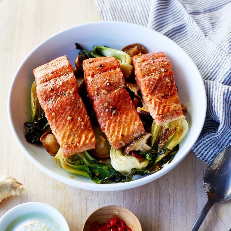 Steamed Salmon with Bok Choy and Shiitake Mushrooms