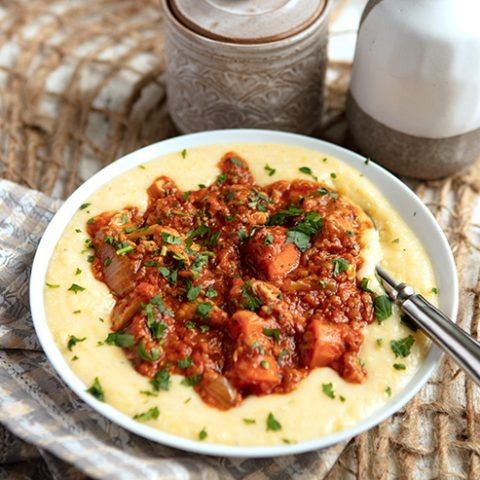 Tomato Basil Pork Stew with Parmesan Polenta