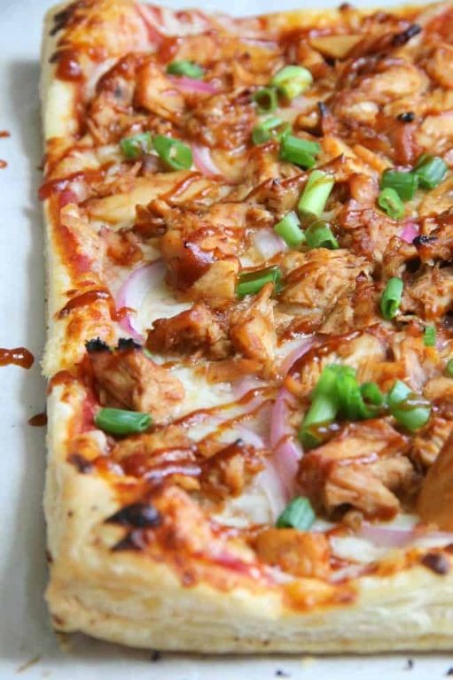 BBQ Chicken Puff Pastry Pizza with Red Onions