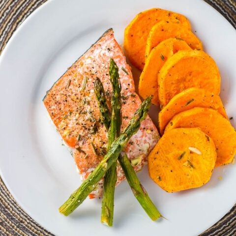 Baked Salmon with Asparagus and Sweet Potatoes