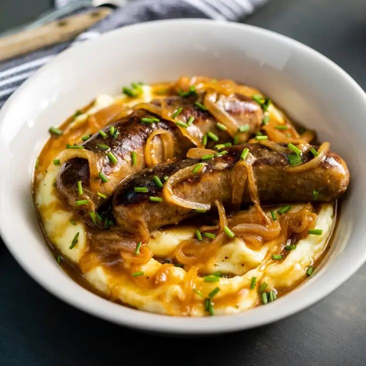 Bangers and Mash with Guinness Onion Gravy