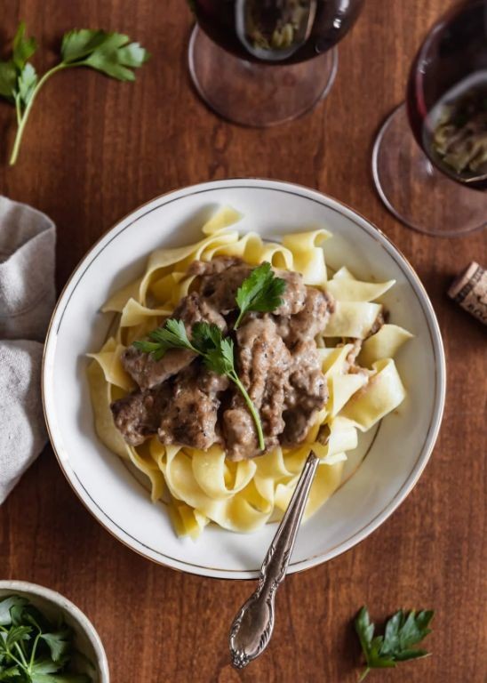 Beef Stroganoff with Crispy Shallots