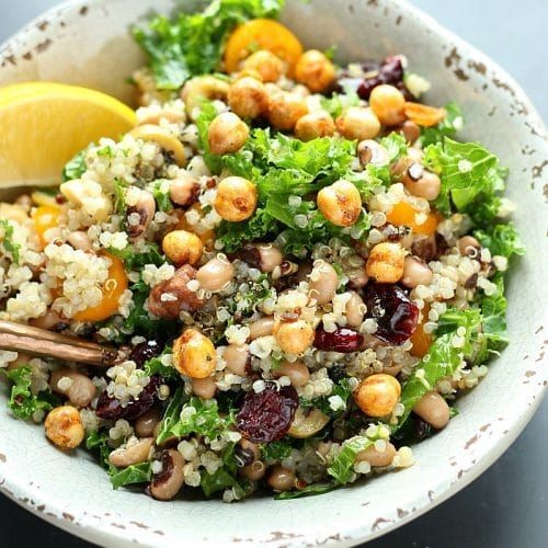 Black eyed pea squash casserole with quinoa and kale
