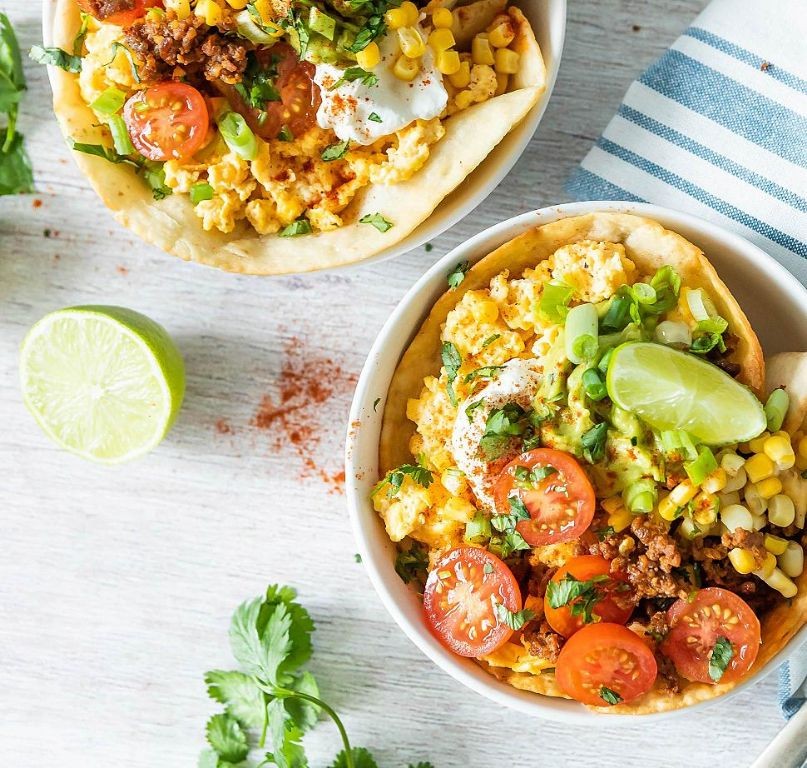 Breakfast Taco Bowl with Scrambled Eggs and Chorizo
