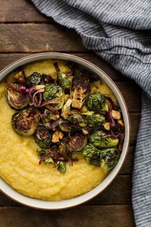 Cheesy Polenta with Roasted Brussels Sprouts