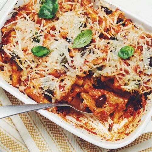 Creamy Puttanesca Pasta Bake with Mozzarella