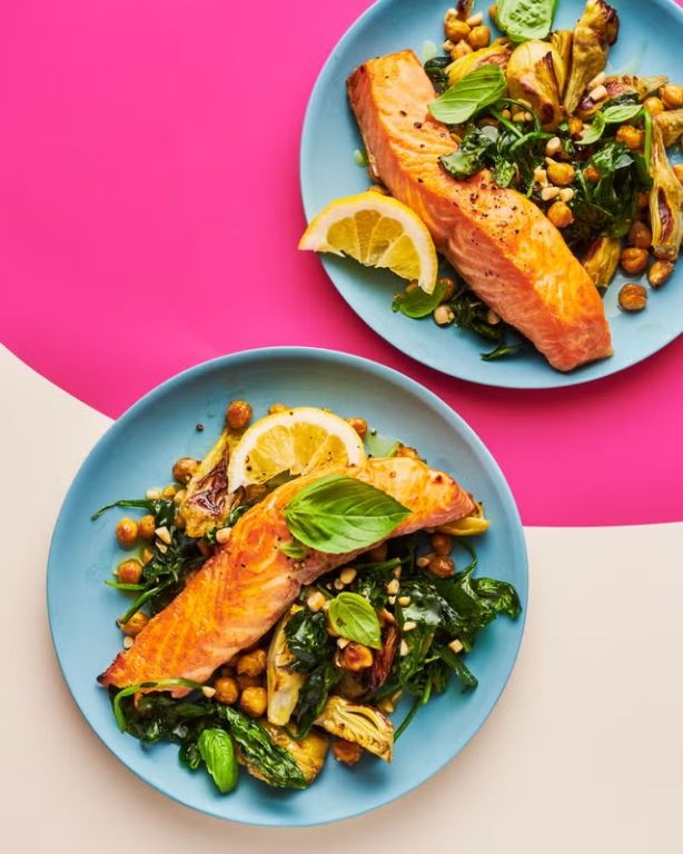 Easy Sheet Pan Salmon with Chickpeas and Artichokes