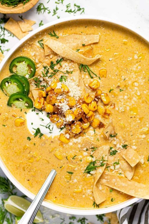 Elote Soup with Crispy Tortilla Strips