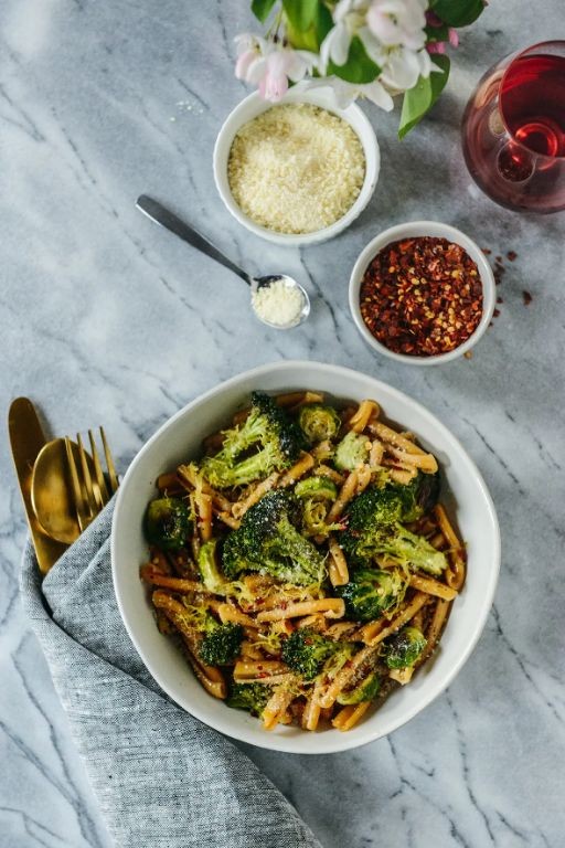 Garlic Parmesan Noodles with Roasted Brussels Sprouts