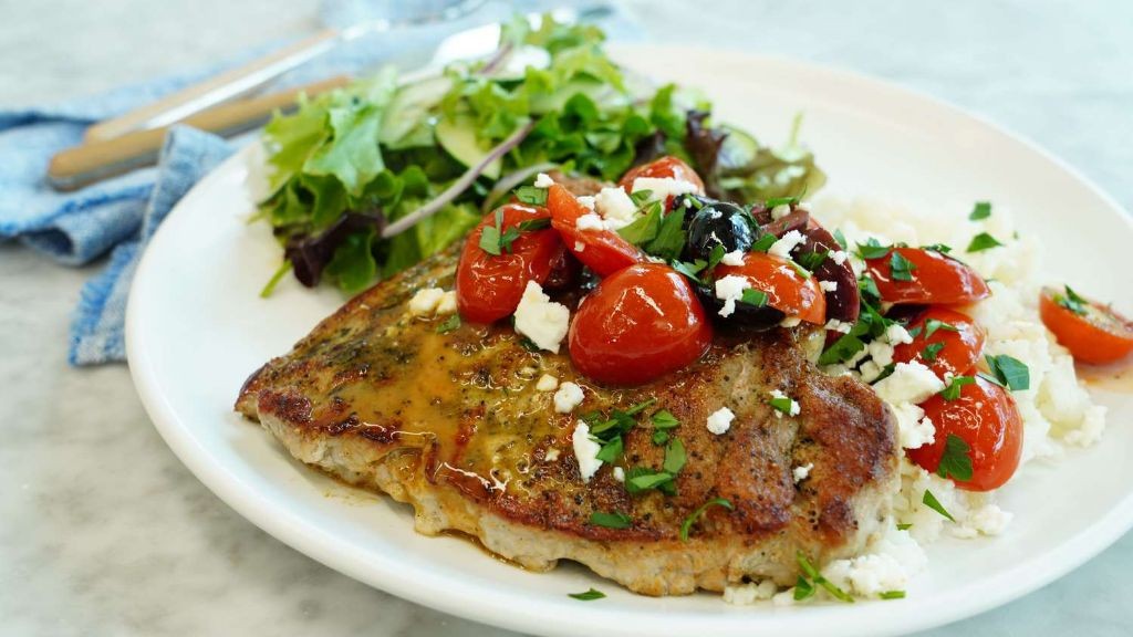 Greek pork chops with feta and olives
