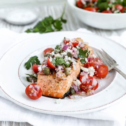 Grilled Salmon with Mediterranean Relish and Feta
