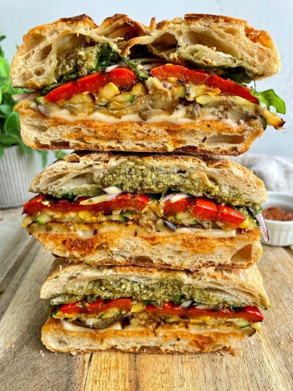 Grilled vegetable and mozzarella ball panini