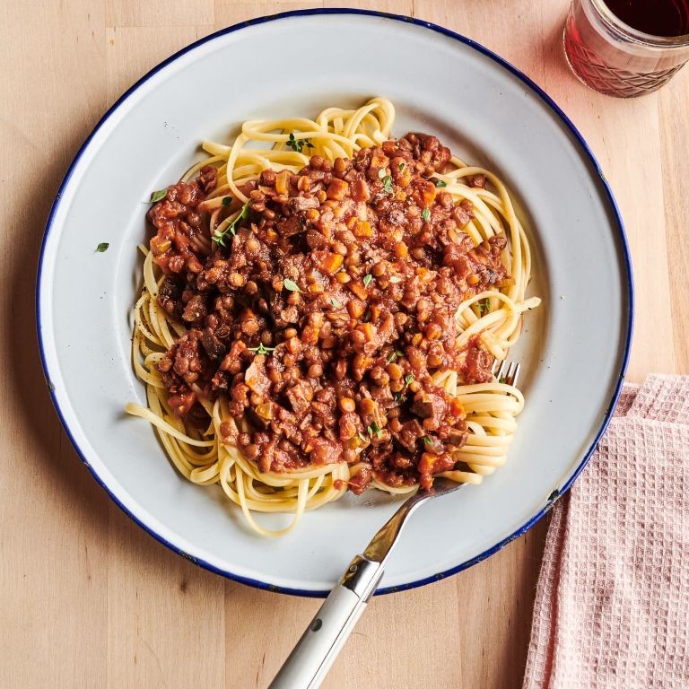 High-Protein Lentil and Mushroom Bolognese