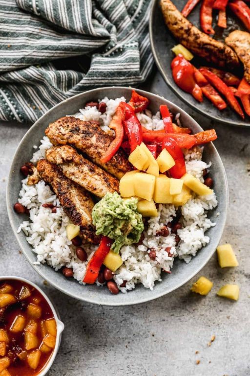 Jerk Chicken Burrito Bowl with Mango Habanero Sauce