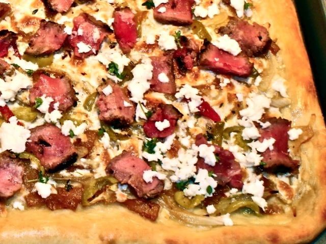 London Broil Pizza with Caramelized Onions and Gorgonzola