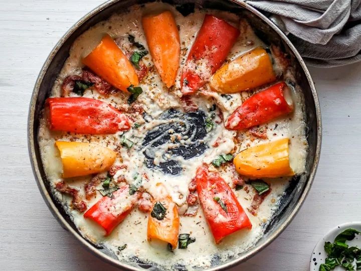 Mozzarella ball and sun-dried tomato stuffed peppers