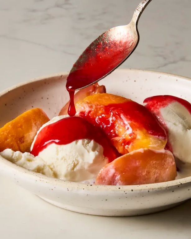Peach Melba Shooters with Raspberry Sauce