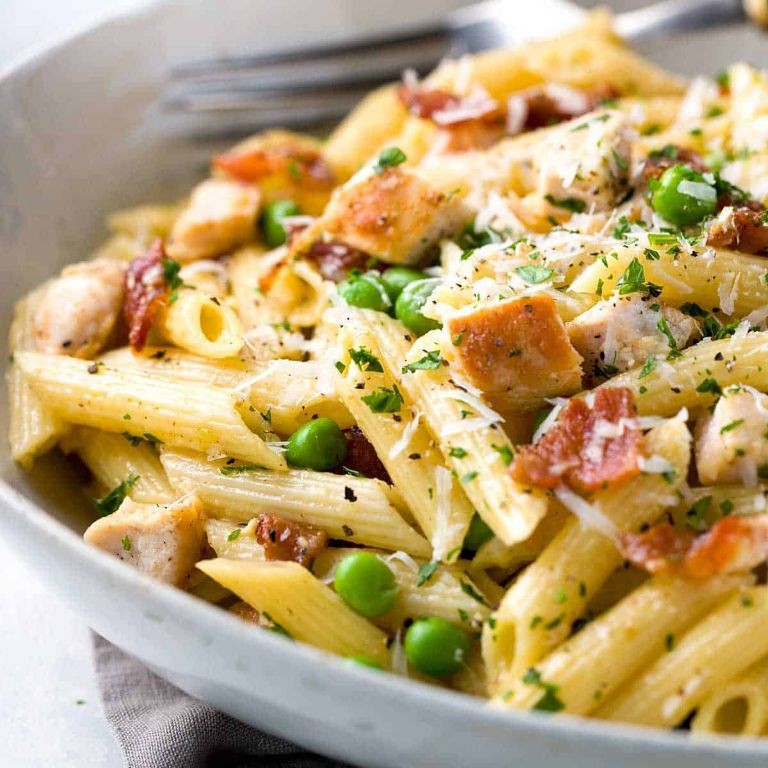 Penne Carbonara with Peas and Bacon