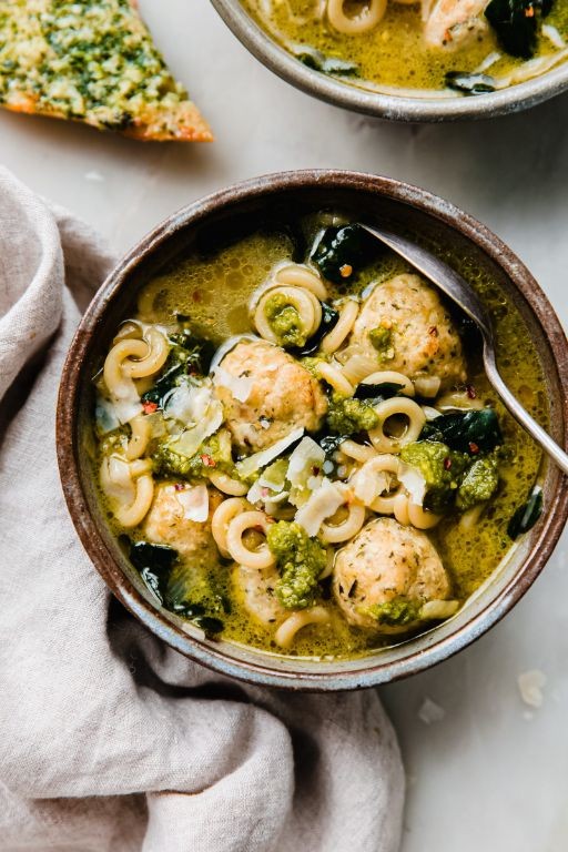Pesto Meatball Soup with Gnocchi