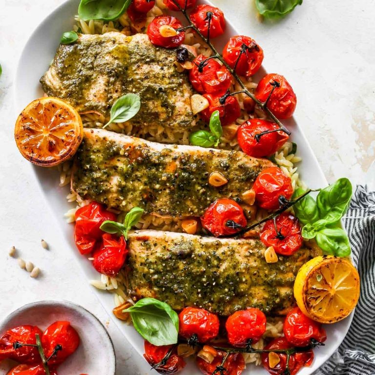 Pesto Salmon with Roasted Cherry Tomatoes