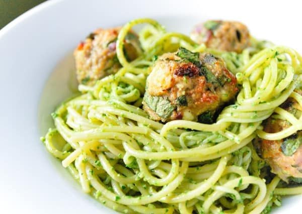 Pesto Turkey Meatballs with Spaghetti