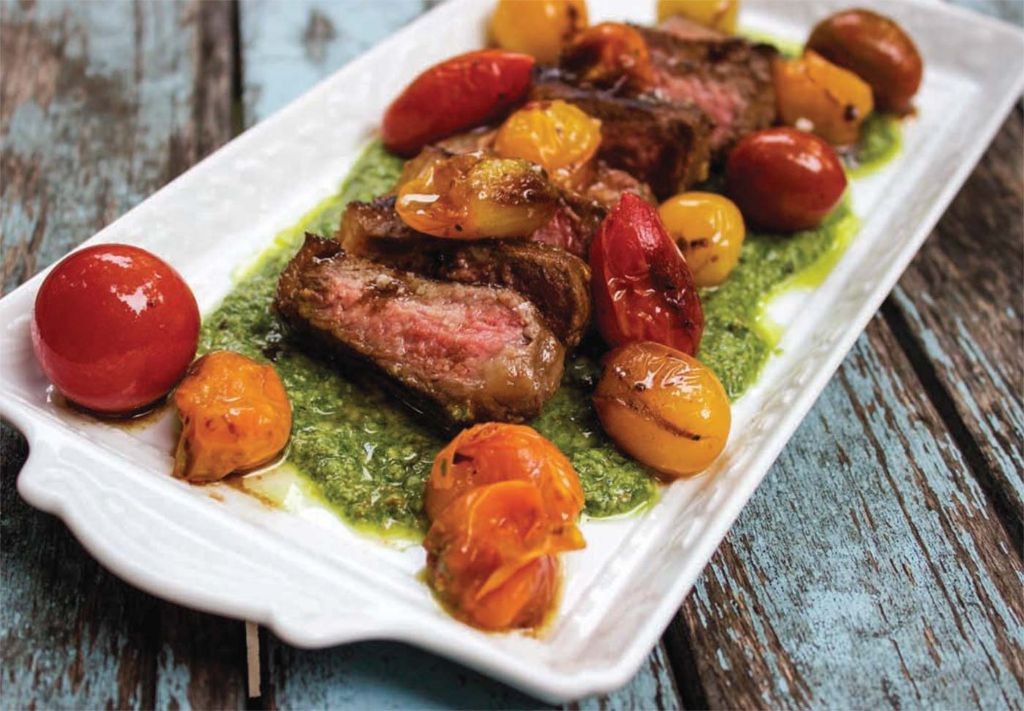 Pesto-Marinated Coulotte Steak with Roasted Tomatoes
