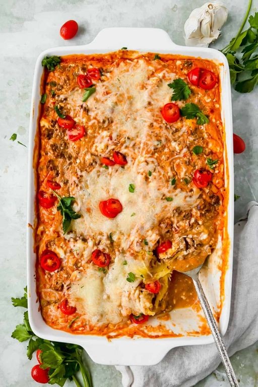 Spaghetti Squash Casserole with Roasted Red Peppers and Goat Cheese