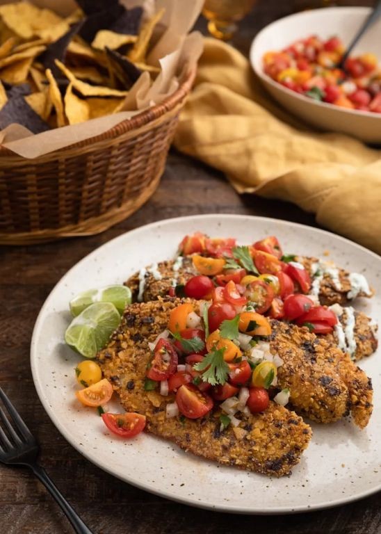 Spicy Tortilla Encrusted Tilapia with Lime Crema