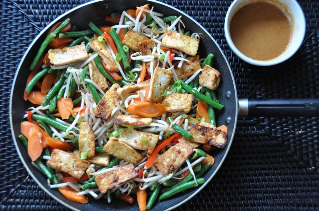 Sprout and Tofu Stir-Fry with Peanut Sauce