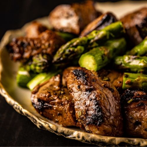 Steak and Asparagus Skewers with Lemon Drizzle