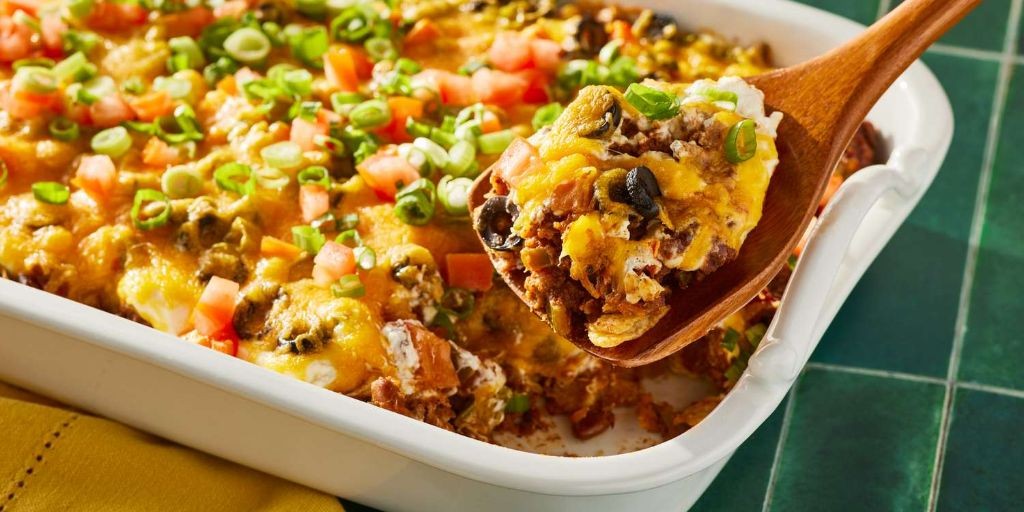 Taco Cheeseburger Casserole with Seasoned Beef and Tortilla Chips
