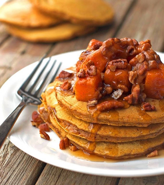 White Acorn Squash Pancakes with Pecan Syrup