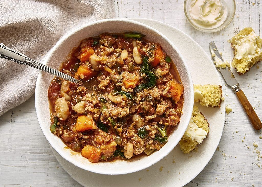 White Chili with Sweet Potatoes and Kale